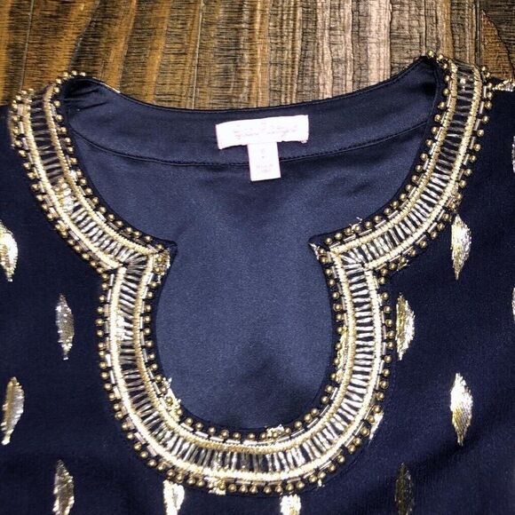 Lilly Pulitzer Women’s Size 0 Amory Navy Beaded Metallic Silk Cocktail Dress - Picture 3 of 14